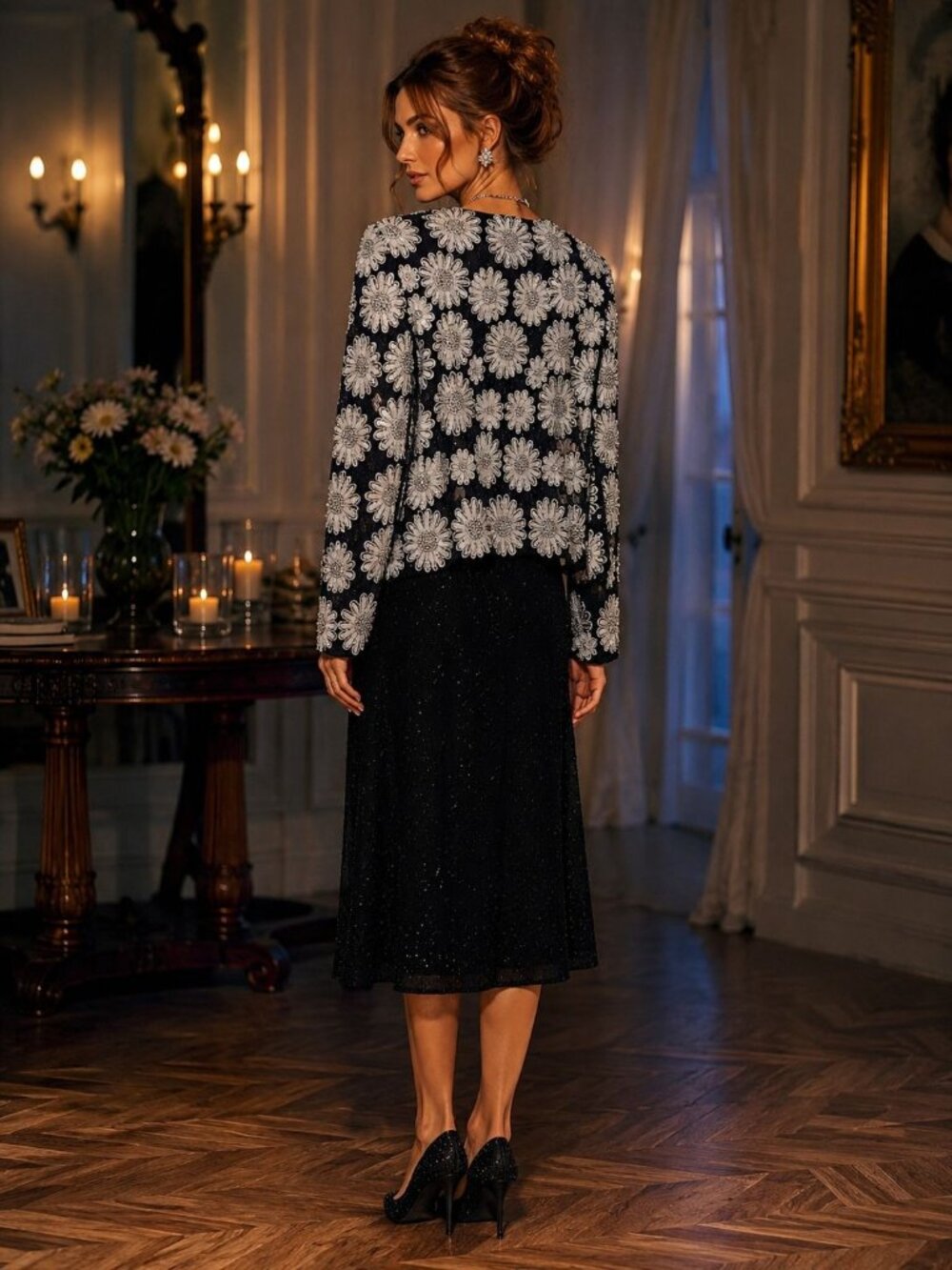 Pure Silk Black White Floral Hand Beaded Women M Vintage Evening Dress & Jacket - Picture 2 of 16